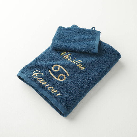 Serviettes de bain brodées Cancer personnalisable - 420g/m2 (bleu paon)