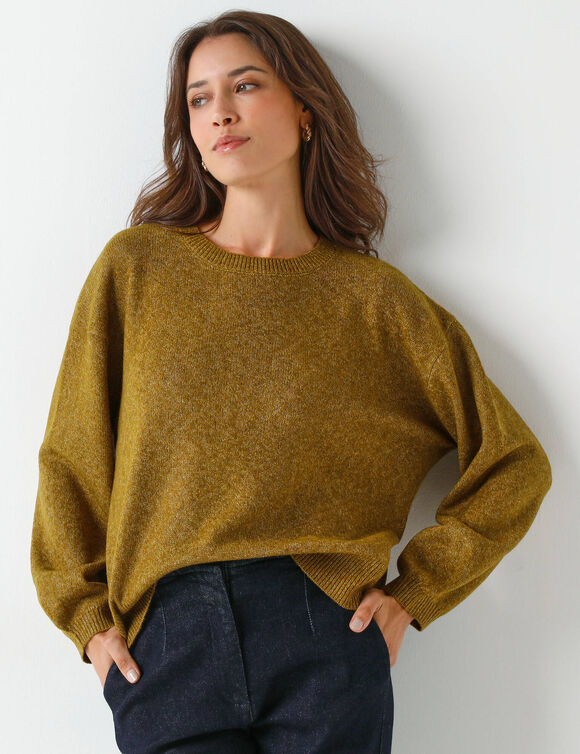 Pull loose manches blousantes, maille chinée en laine mélangée (vert chiné)