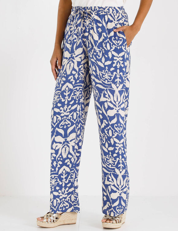 Pantalon large fluide, imprim&eacute; bicolore (bleu gris&eacute; / beige)