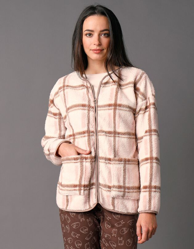 Homewear jasje in geruite fleece met rits (taupe)