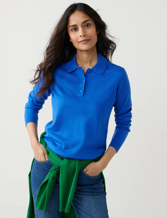 Pull col polo boutonn&eacute;, toucher doux (bleu)