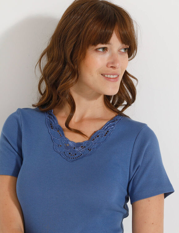 T-shirt met korte mouwen en kant (blauw)