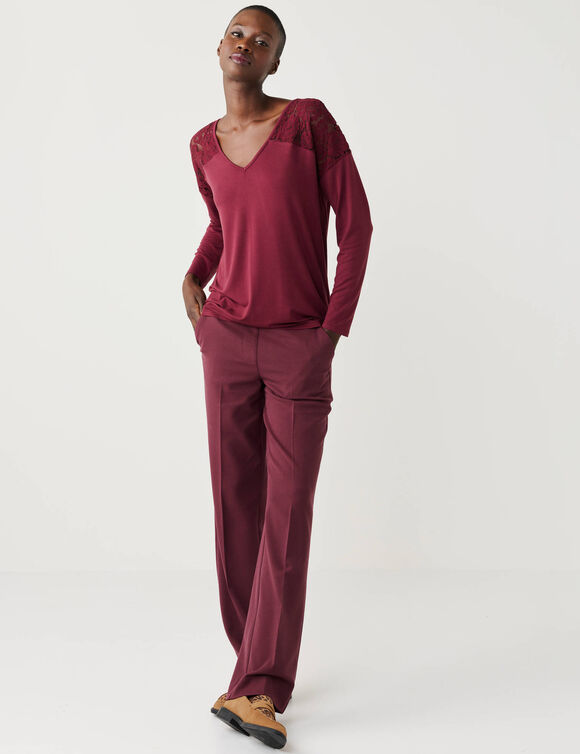 T-shirt col V manches longues dentelle (bordeaux)