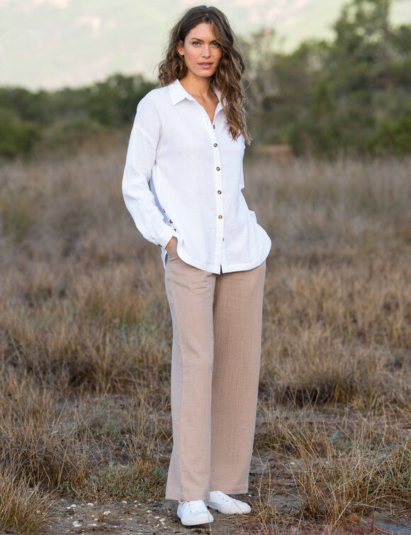 Chemise boutonnée unie, gaze de coton (blanc)