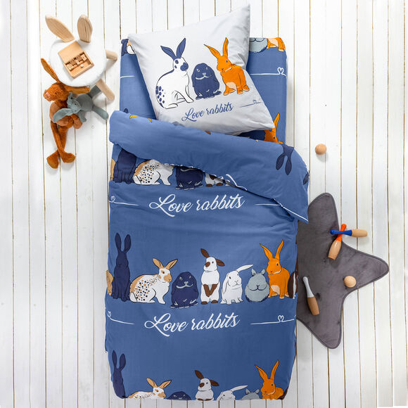 Linge de lit Rabbit en coton imprimé lapins (bleu)