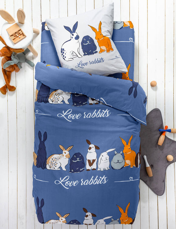 Bedlinnen Rabbit, in katoen met konijnprint   (blauw)