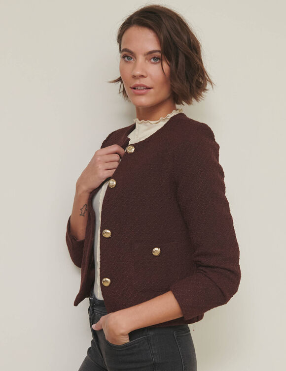 Veste boutonn&eacute;e, tweed (chocolat)