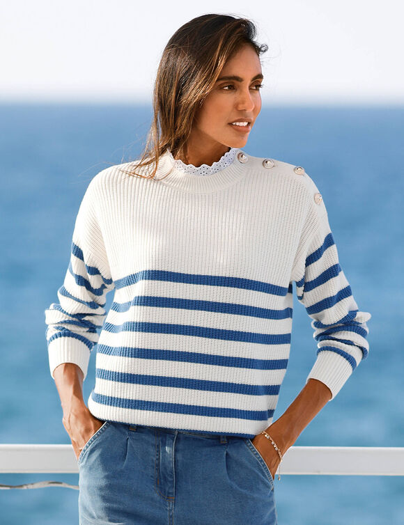 Pull rayé, col broderie anglaise (écru / bleu)