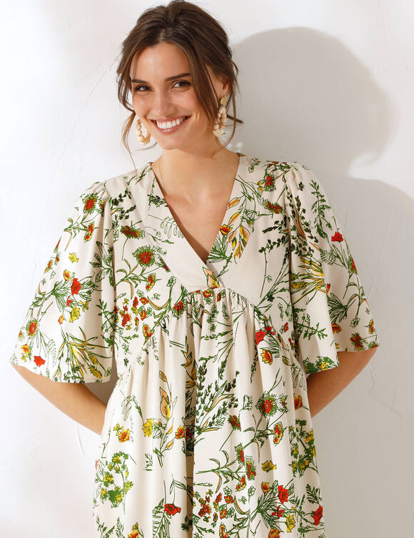 Robe courte col V, imprimé fleuri (écru)