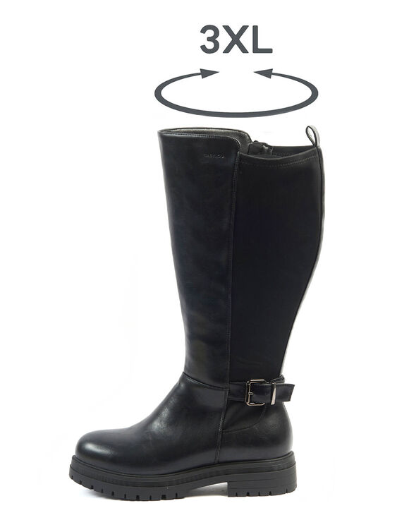 Bottes Kylie tr&egrave;s larges mollets 3XL, talon crant&eacute; et bande &eacute;lastiqu&eacute;e (noir)