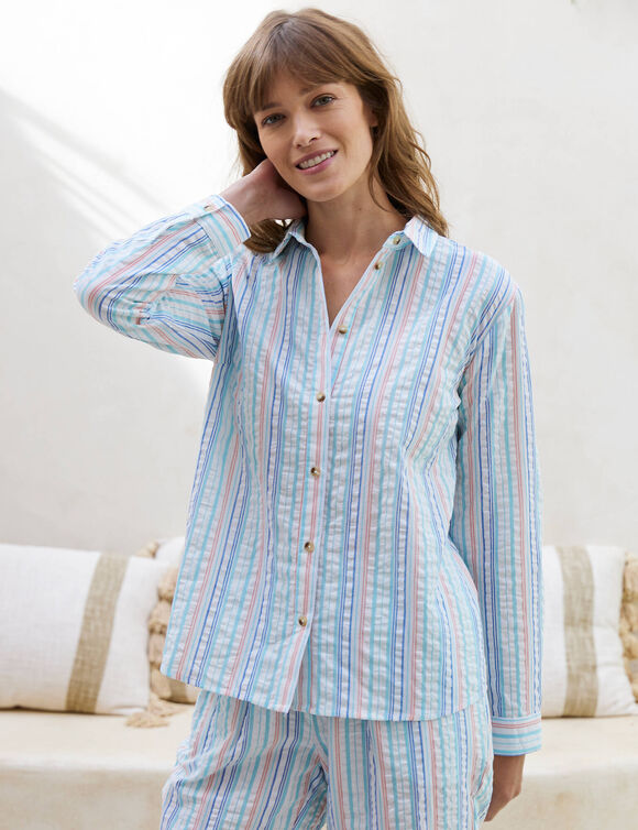 Pyjama boutonné en seersucker - col chemisier  (écru / bleu)