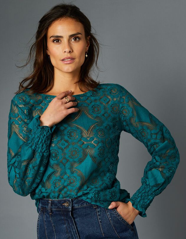 T-shirt in kant met lange bloezende mouwen (smaragdgroen)