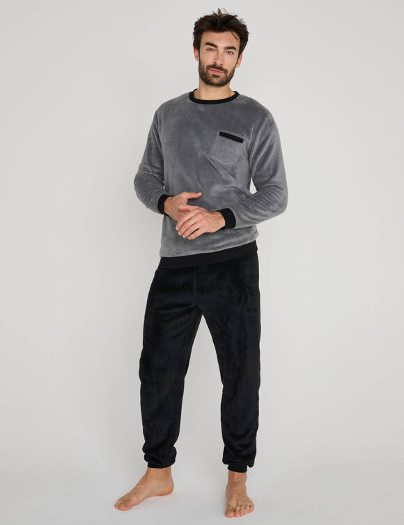 Tweekleurige pyjamabroek met fleece broek en lange mouwen (grijs)