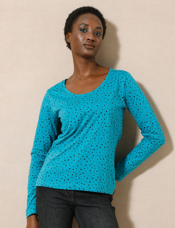 T-shirt imprim&eacute; pois en coton biologique(**) (bleu p&eacute;trole)