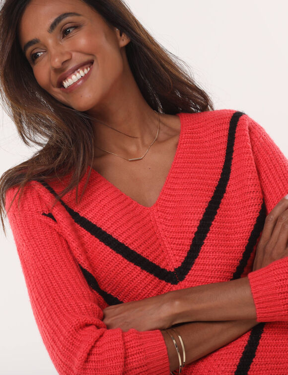 Pull col V rayé, maille anglaise toucher doux (rouge / noir)