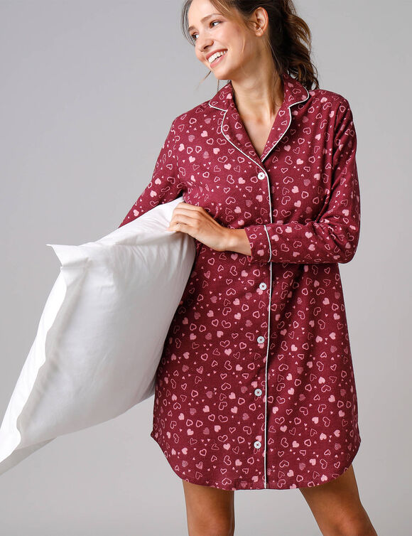 Nachtjapon van fleece in nachthemdmodel met bedrukte harten (kersenrood)