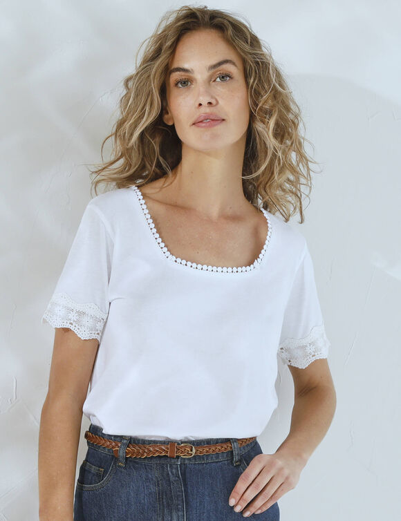 T-shirt col carré galon fantaisie (blanc)
