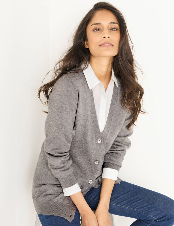 Gilet boutonn&eacute; col V, laine d'agneau (gris chin&eacute;)