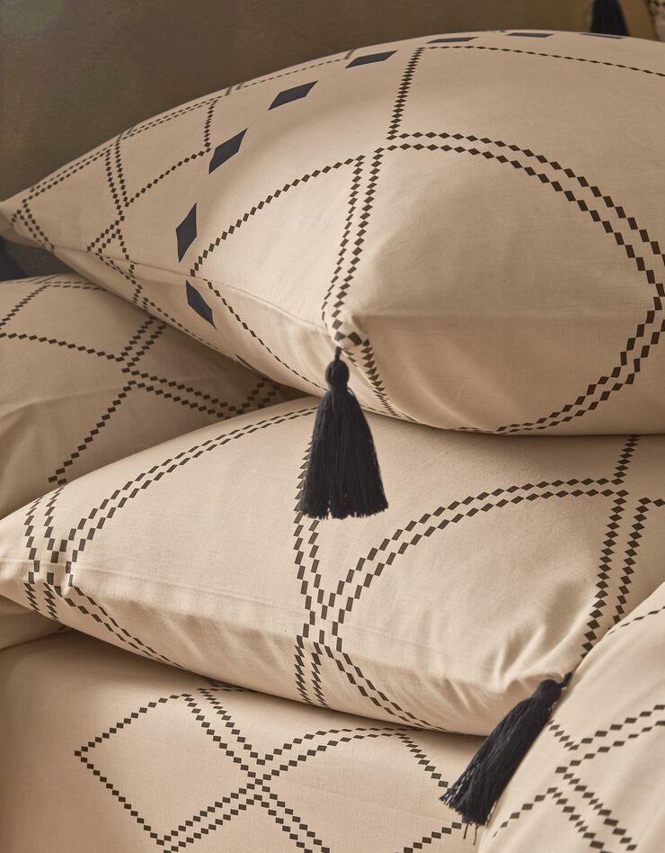 Bedlinnen Massai, in katoen met grafische motieven, afgewerkt met pompons (beige)