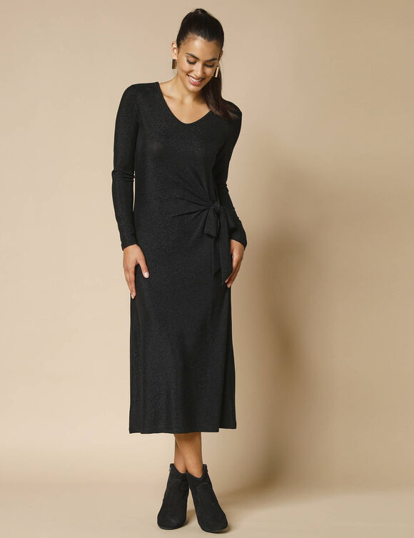 Robe maille brillante manches longues, détail noué (noir / noir)