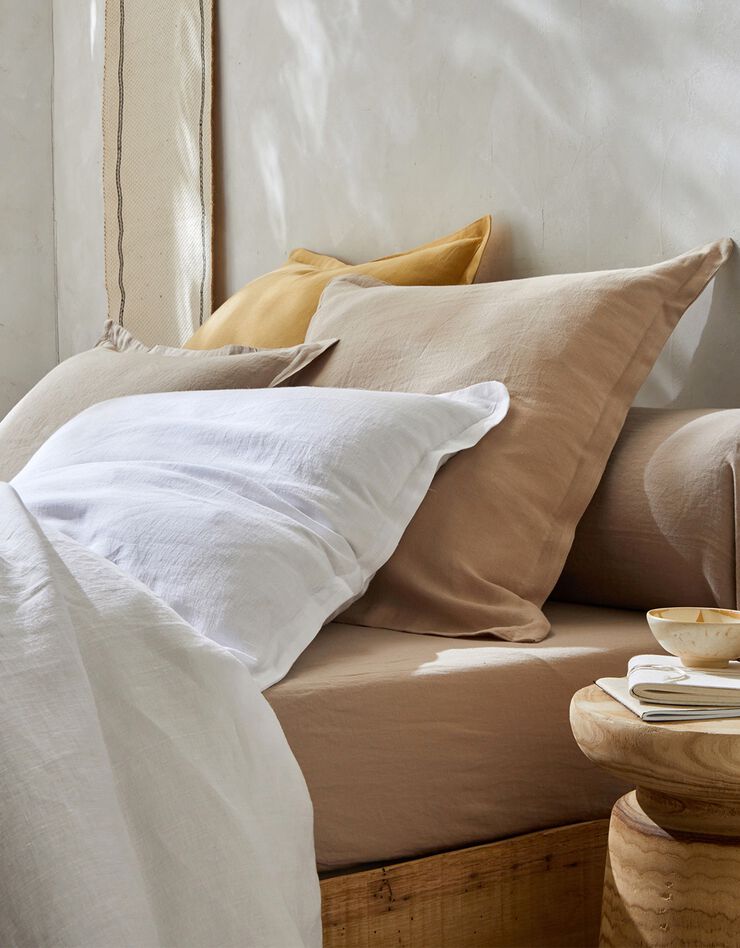 Effen bedlinnen in gewassen linnen (beige)