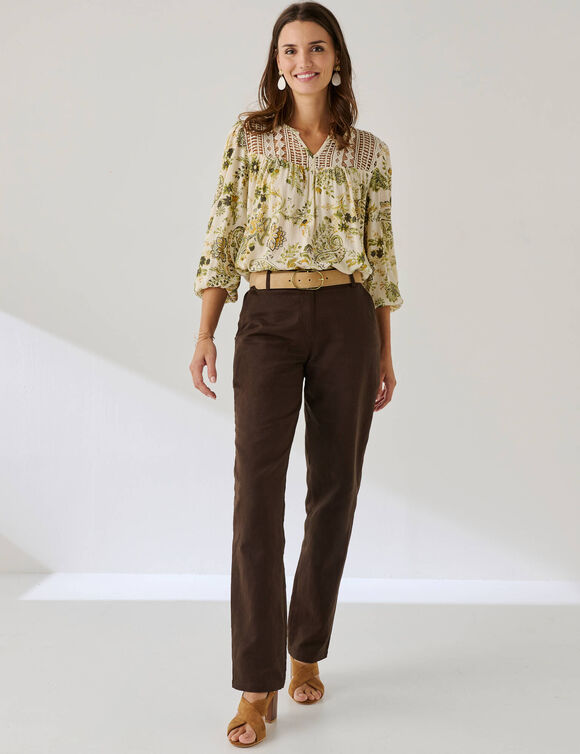 Bedrukte bloes met macram&eacute; (ecru / kaki)