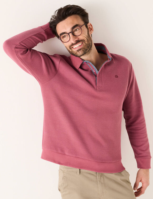 Warm sweatshirt met polo-kraag, geborduurd borduurpatroon op de borst en geribd tricot (DONKERROZE)