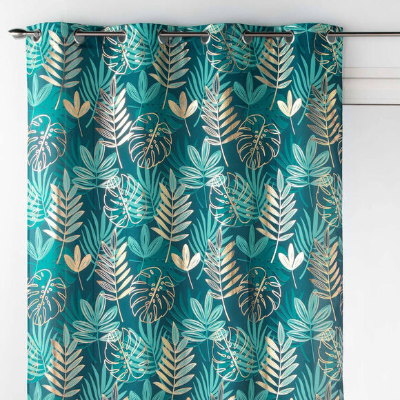 Rideau &agrave; &oelig;illets motif tropical, d&eacute;tails m&eacute;tallis&eacute;s (&eacute;meraude / dor&eacute;)