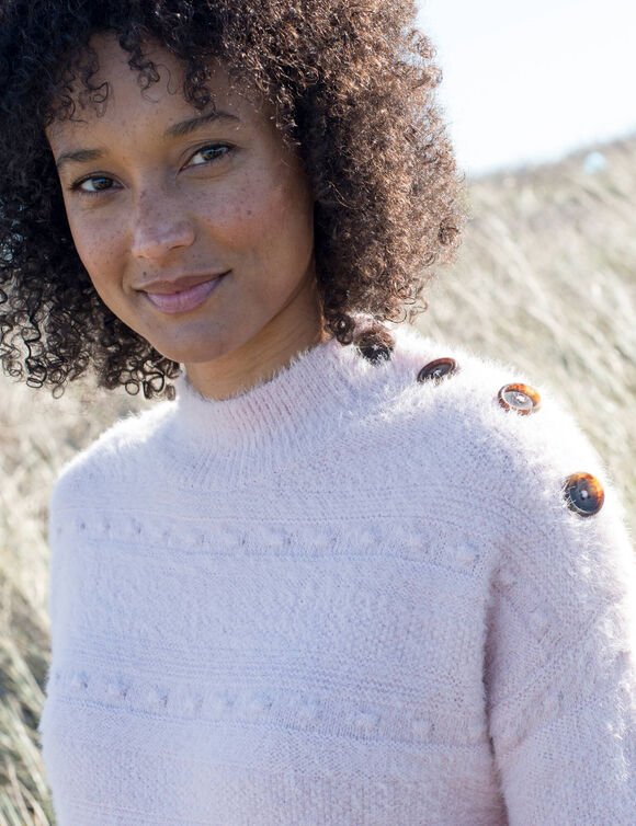 Pull col montant, maille poilue fantaisie (rose poudr&eacute;)