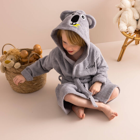 Badjas voor kinderen, personaliseerbaar, koala met kap (grijs)