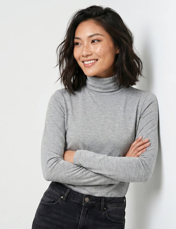 Sous-pull col roul&eacute; coton stretch uni (gris chin&eacute;)