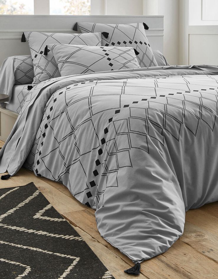 Bedlinnen Massai, in katoen met grafische motieven, afgewerkt met pompons (grijs)