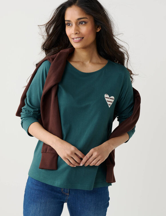T-shirt marini&egrave;re manches longues, brod&eacute; "c&oelig;ur" uni ou imprim&eacute; l&eacute;opard (vert sapin)