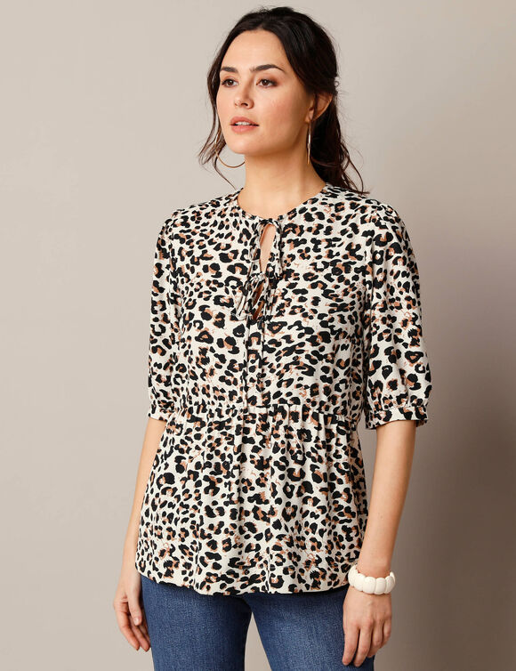 Blouse à nouettes, imprimé peau de bête (écru / taupe)