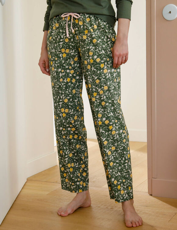 Pyjamabroek van katoen met floraal bedrukking (kaki / honing)