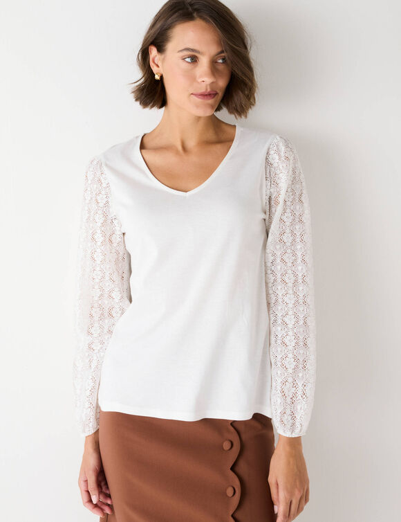 T-shirt met V-hals en kanten mouwen (ecru)