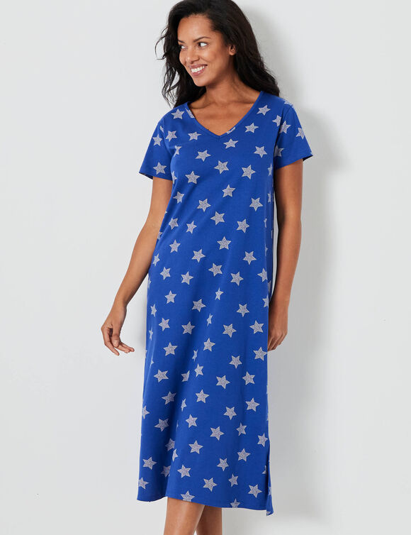 Chemise de nuit longue imprim&eacute;e &eacute;toiles (bleu dur)