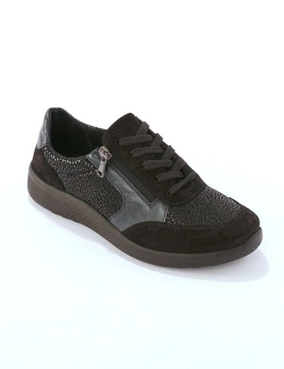 Sneakers met veters en rits, in leer met rekbare pasjes (zwart)