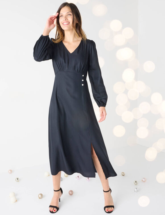 Robe longue fluide col V unie (zwart)
