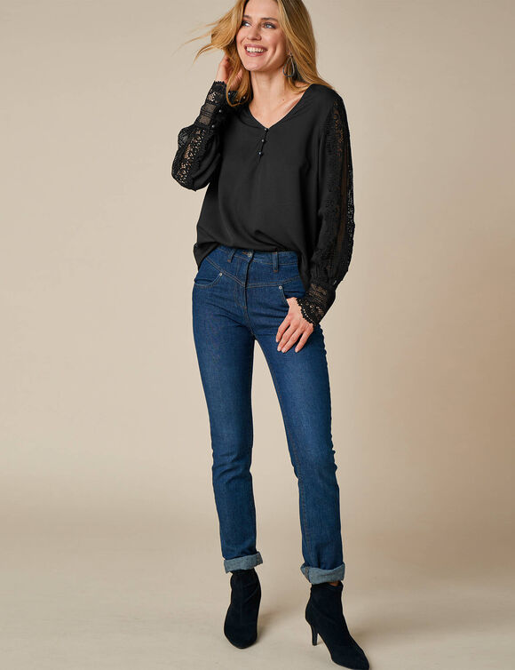 Blouse macramé col V manches longues, crêpe fluide (noir)