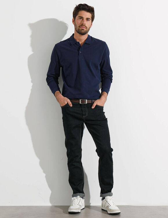 Polo uni maille piquée manches longues (marine)