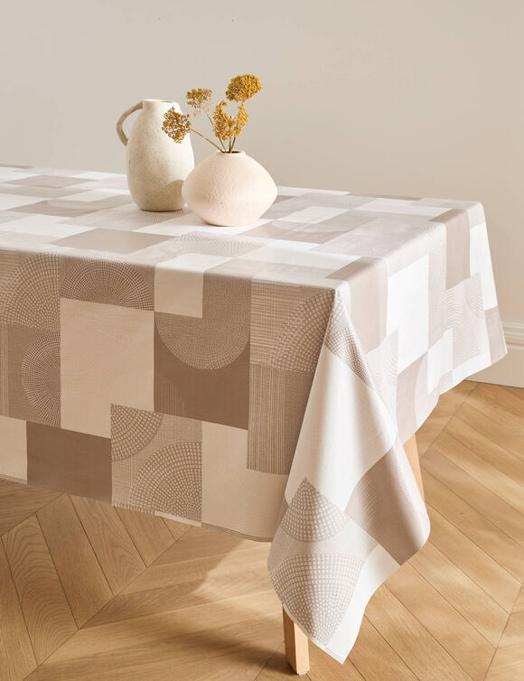 Nappe toile cir&eacute;e imprim&eacute; g&eacute;om&eacute;trique (beige)