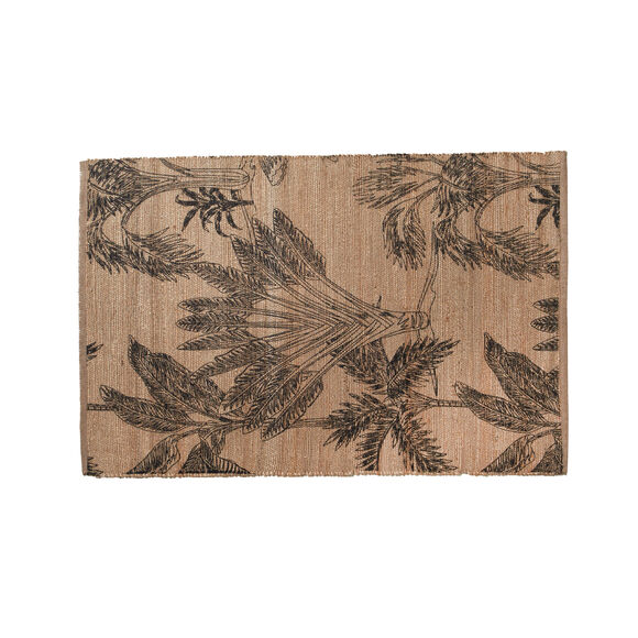Tapis rectangulaire en jute, motif v&eacute;g&eacute;tal (naturel / noir)