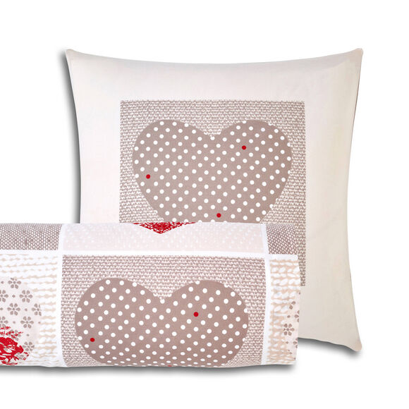 Linge de lit Lovely en coton imprim&eacute; coeurs (taupe / rouge)