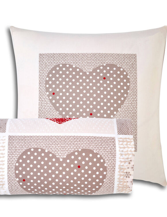 Linge de lit Lovely en coton imprim&eacute; coeurs (taupe / rouge)