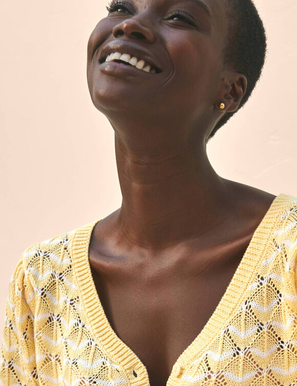 Pull col tunisien en maille fantaisie (jaune / blanc)