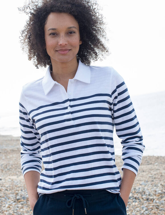 Polo ray&eacute; maille jersey (blanc cass&eacute; / marine)