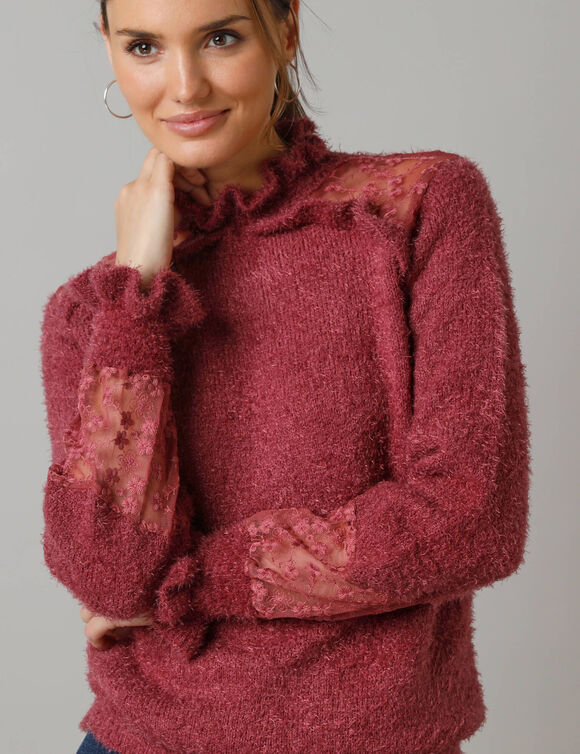 Pull col montant volanté, maille poilue et tulle brodé (figue)