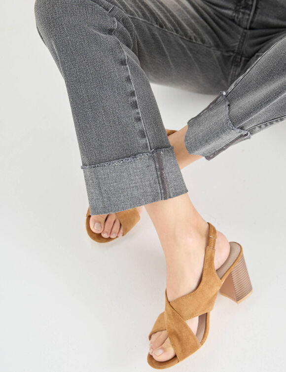 Jean droit &agrave; revers 7/8&egrave;me, taille haute (gris)