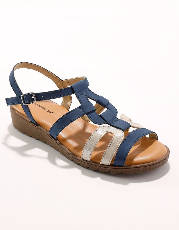 Leren sandalen met sleehak, 2 materialen (blauw)